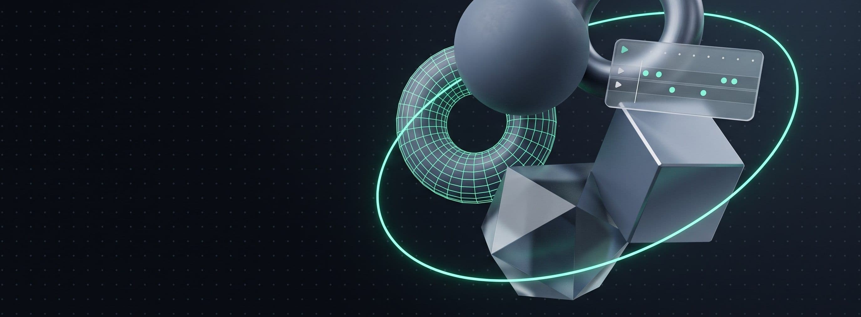 A sphere, a torus and a cube floating inside a teal orbit
