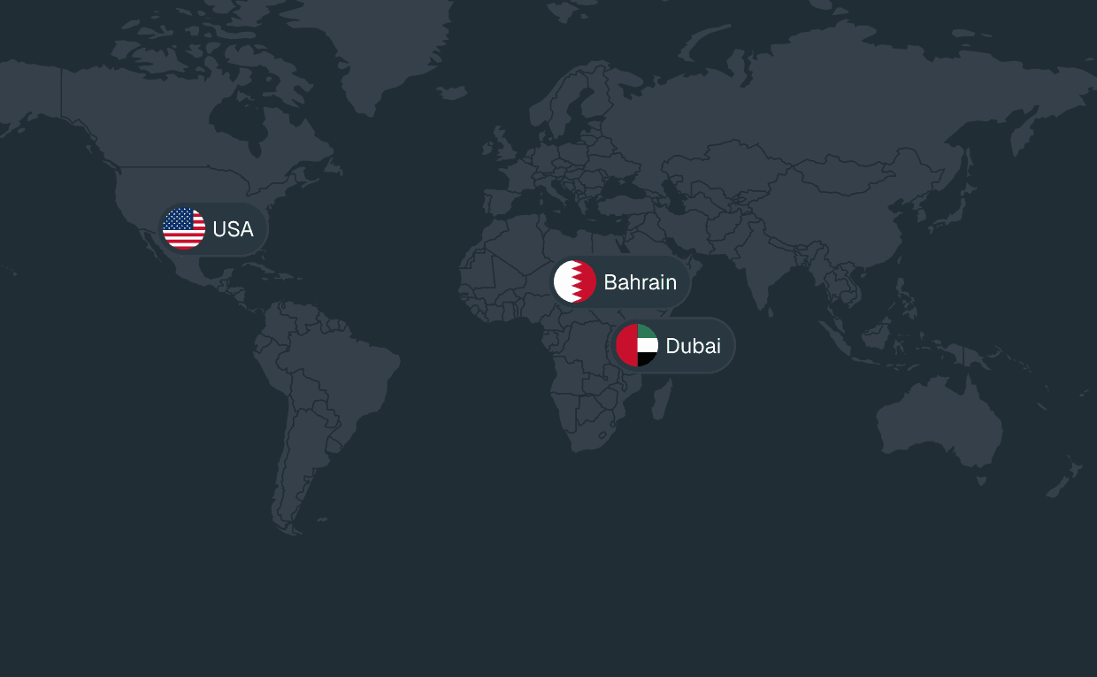 World map with office pins in the USA, Bahrain and Dubai