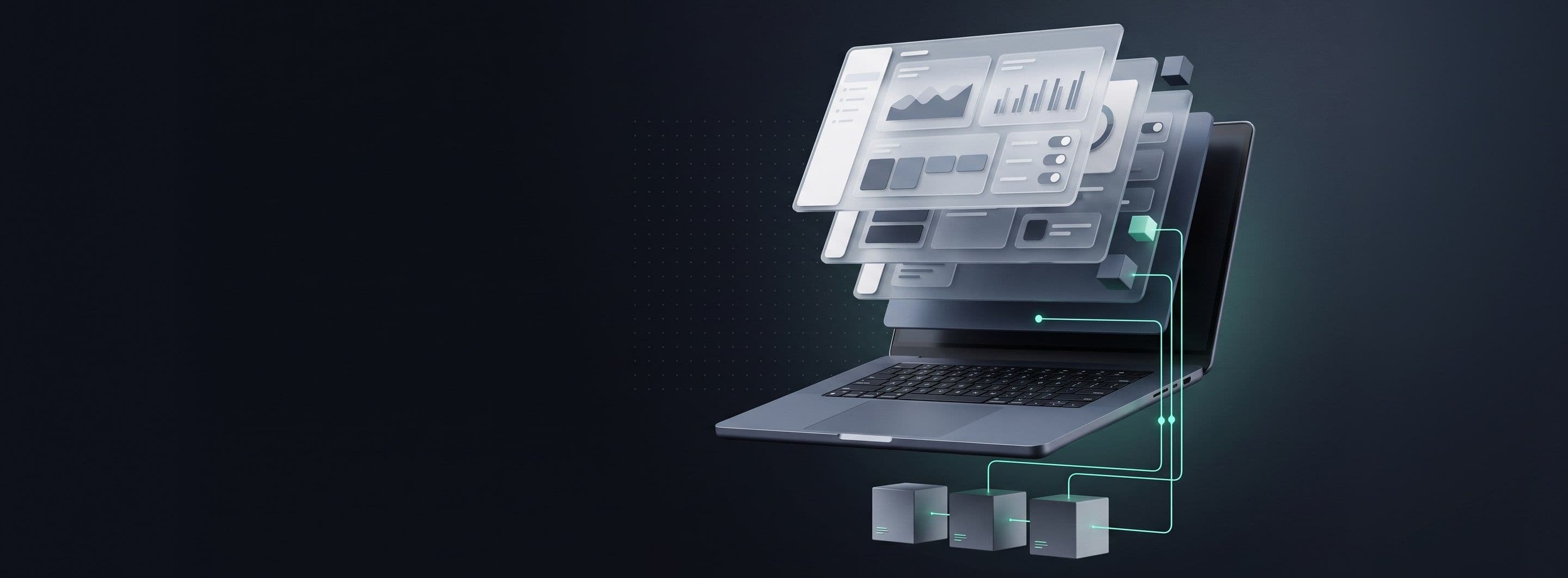 A laptop with layers of glass dashboard screens rising from it and data blocks wired below