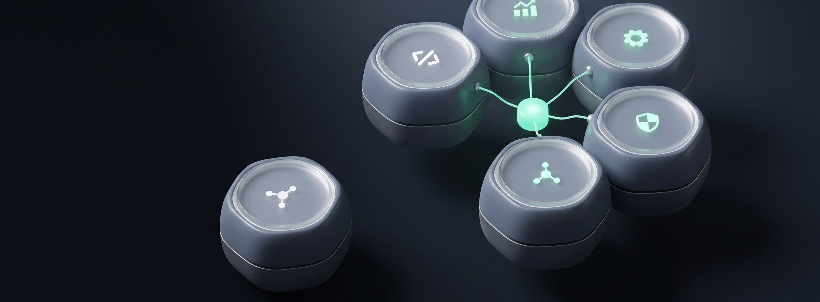 Rounded glass pods linked to a glowing teal hub