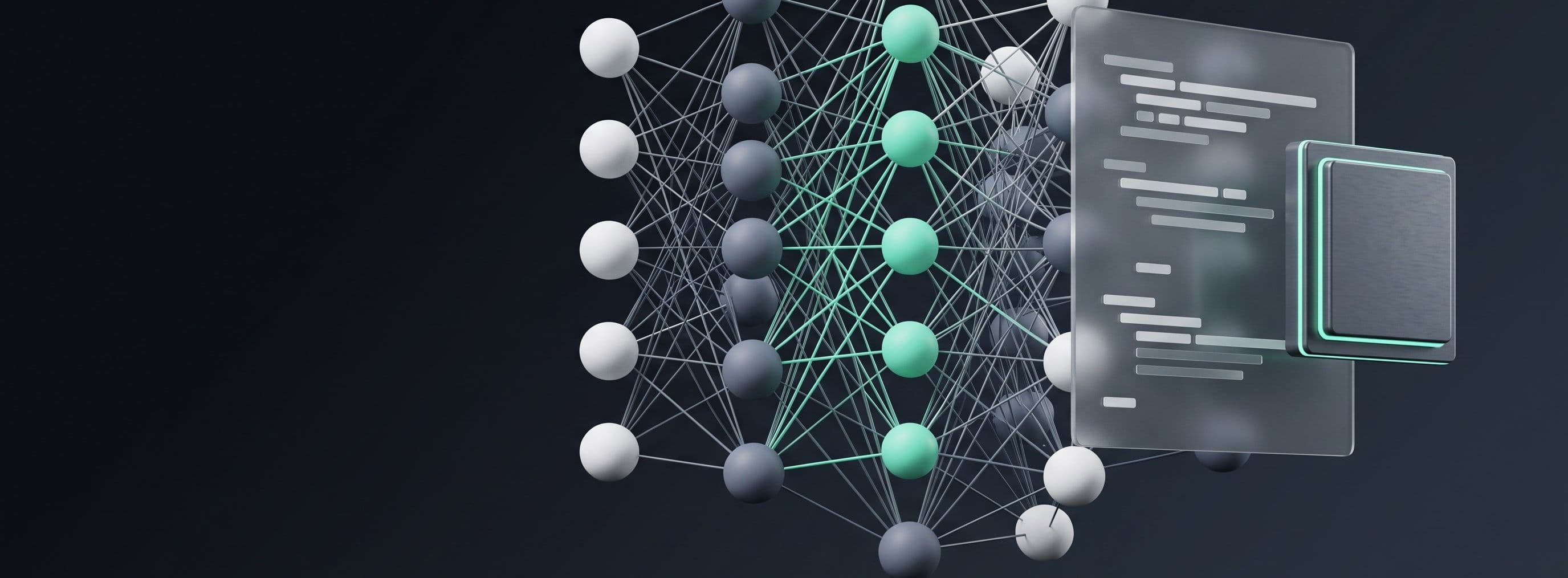 A neural network of white and teal nodes beside floating panels of code