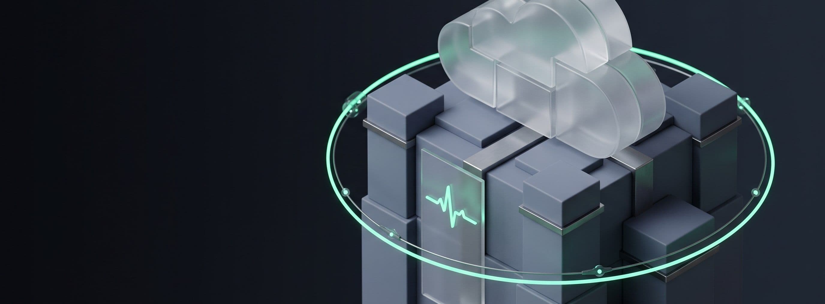 A glass cloud on a tower of blocks, circled by a teal heartbeat ring
