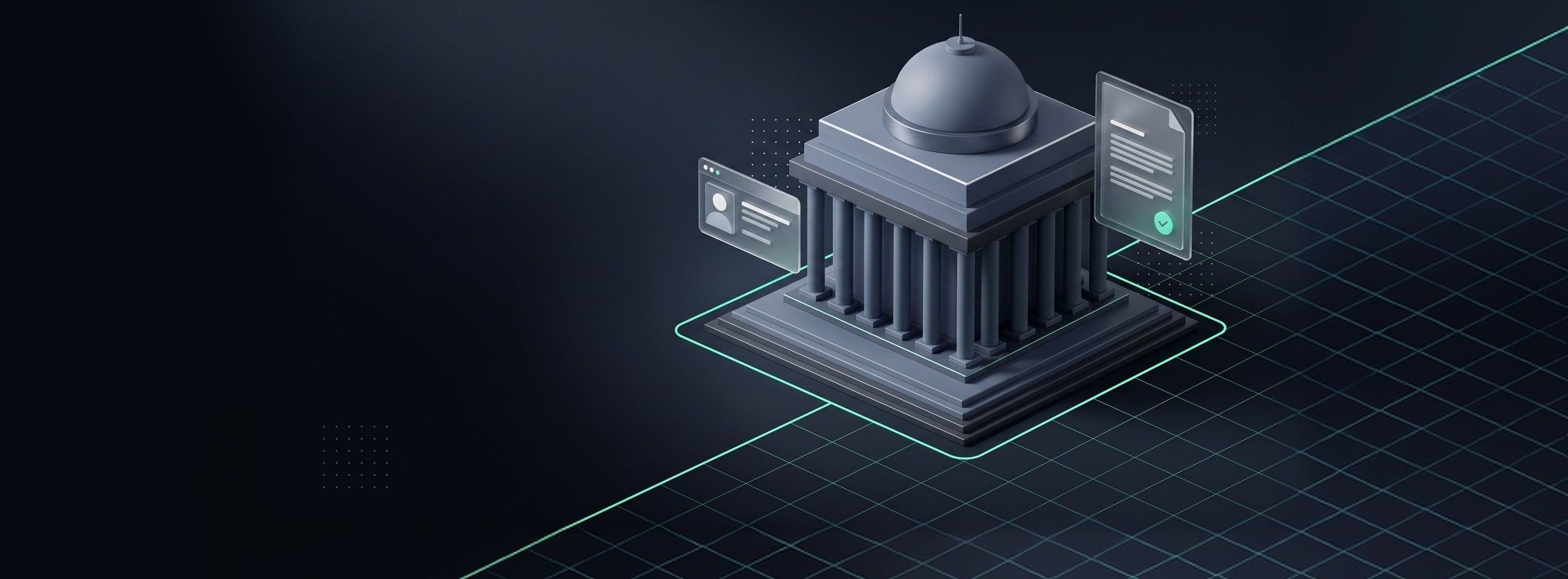 A columned capitol building on a grid, with digital ID cards floating beside it