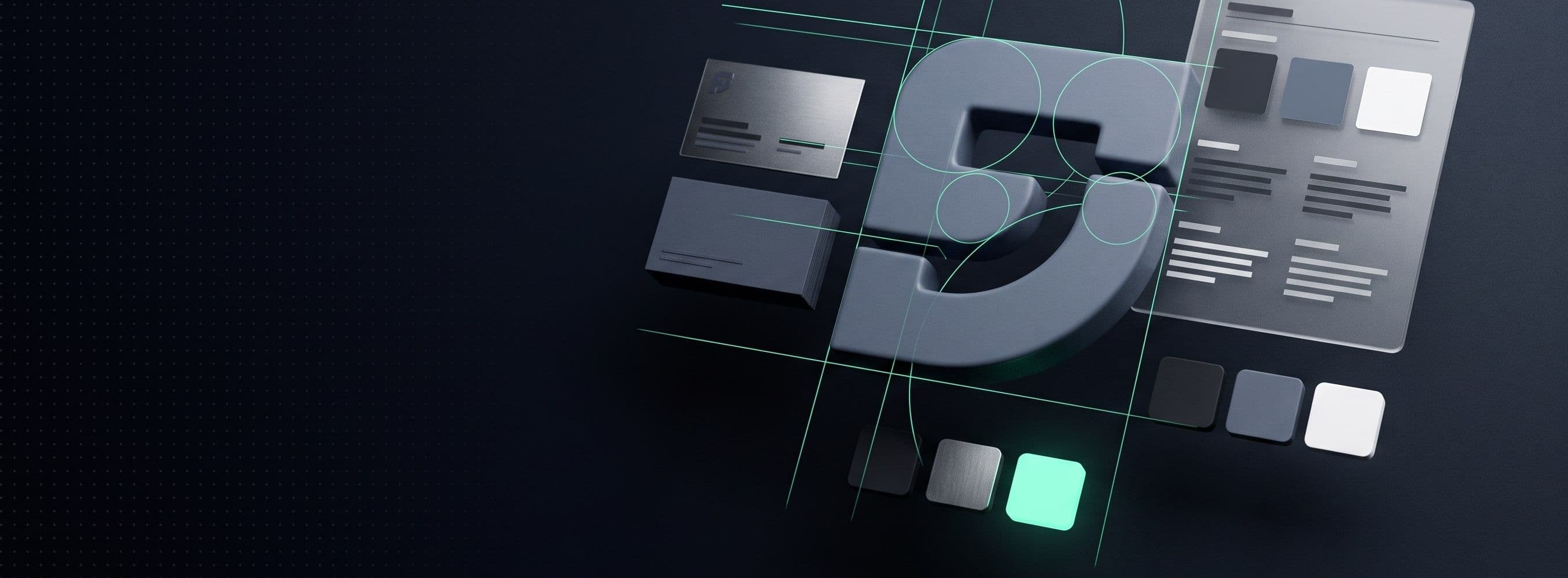 A glass letter S among colour swatches and layout cards
