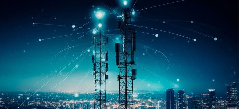 Two telecom towers against a city skyline at night, linked by points of light