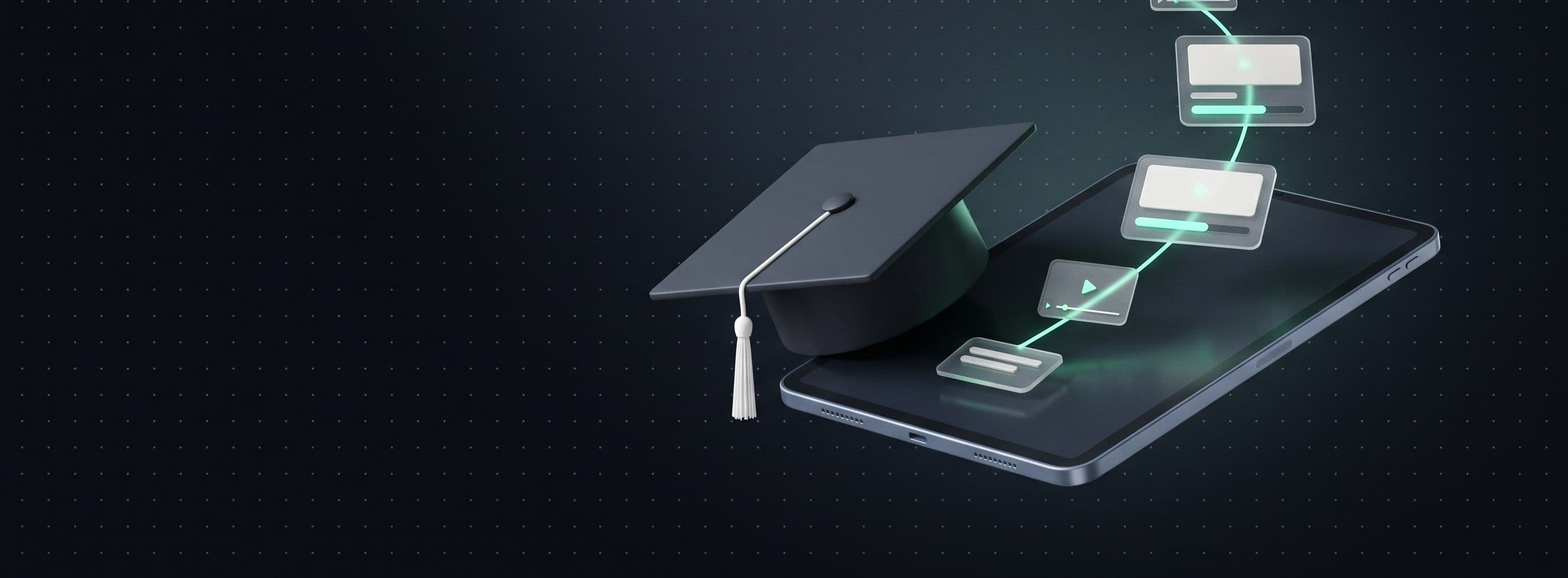 A graduation cap resting on a tablet, with glowing course cards rising from the screen