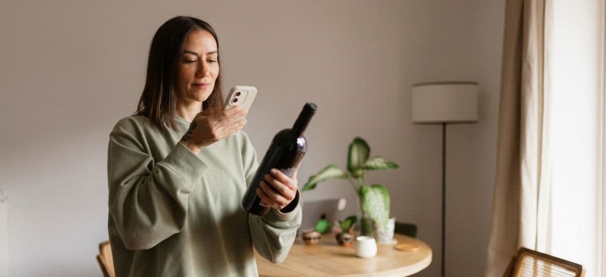 A woman at home photographing a bottle of wine with her phone