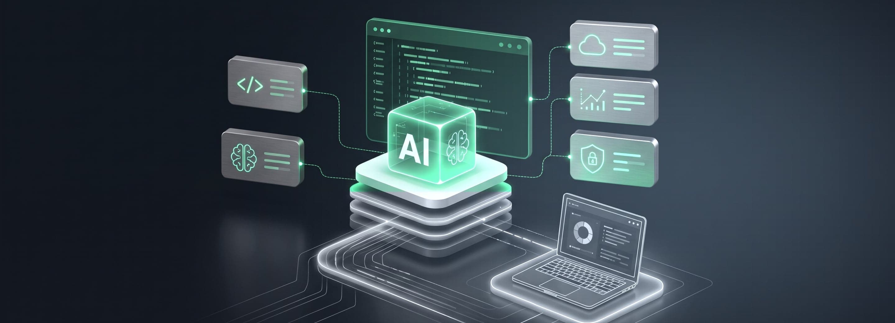 A glowing AI cube on a platform, wired to code, cloud, analytics and security panels and a laptop