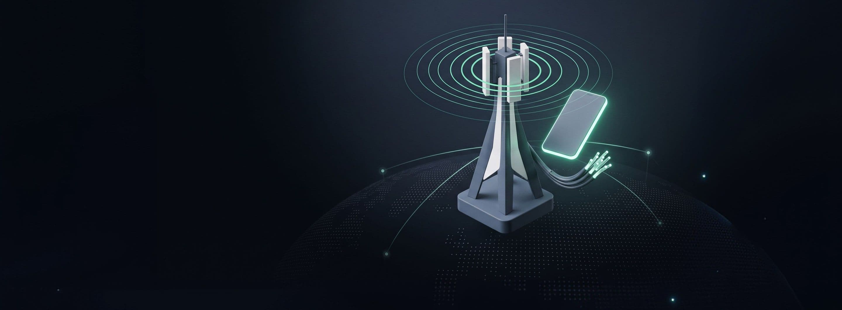 A 5G cell tower sending out signal rings beside a smartphone