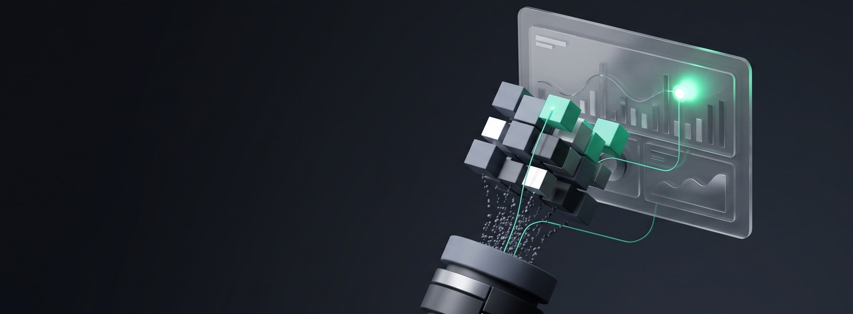 Glass data cubes rising from a database stack into a glowing analytics panel