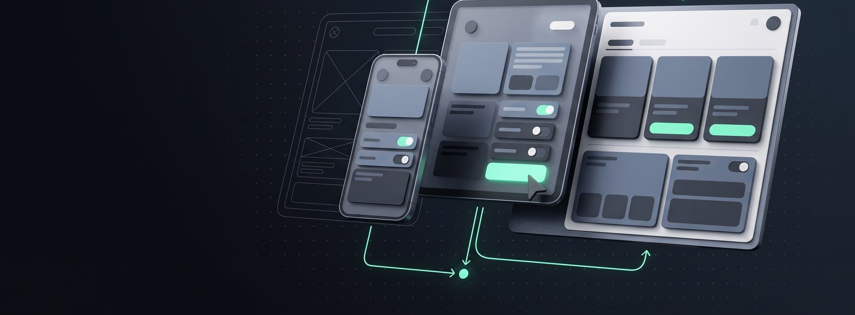 Phone, tablet and desktop screens floating in glass, joined by teal lines