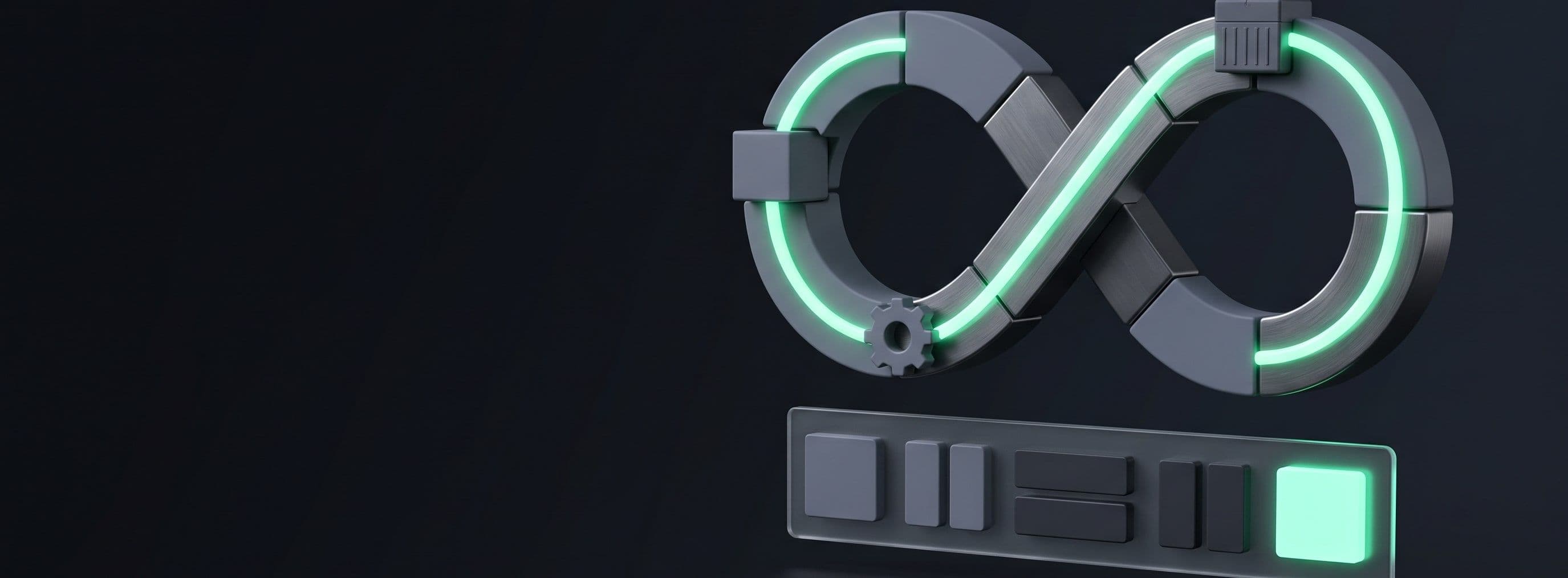 A glowing infinity loop above a row of pipeline blocks