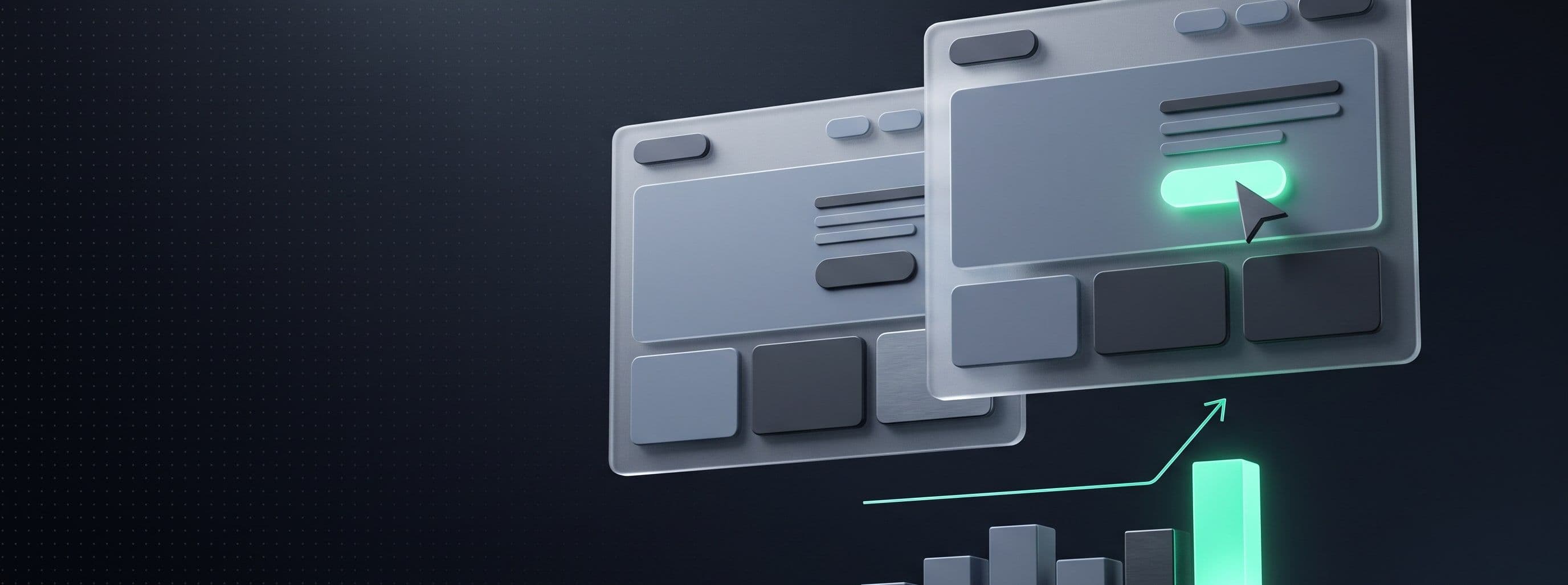Two glass web pages above a rising bar chart