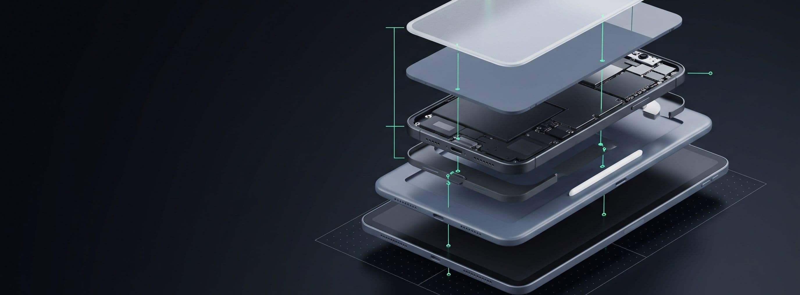 A phone taken apart into floating glass layers