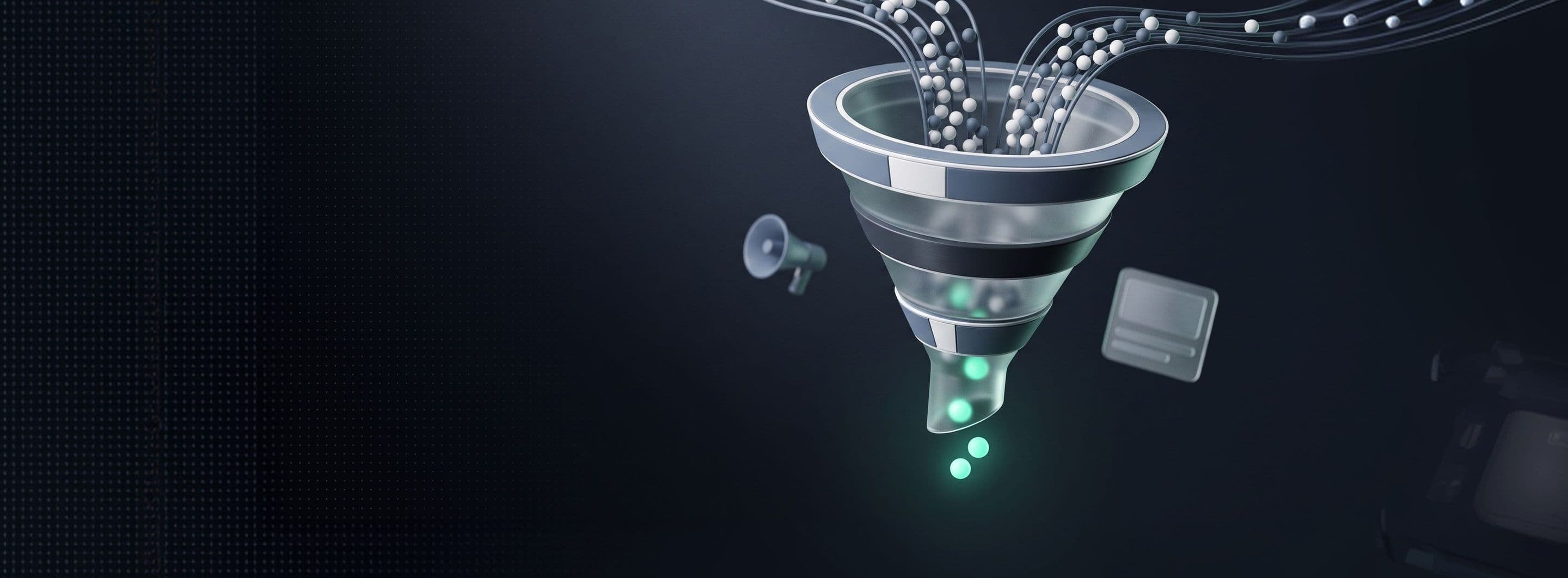 A glass funnel turning streams of particles into glowing points