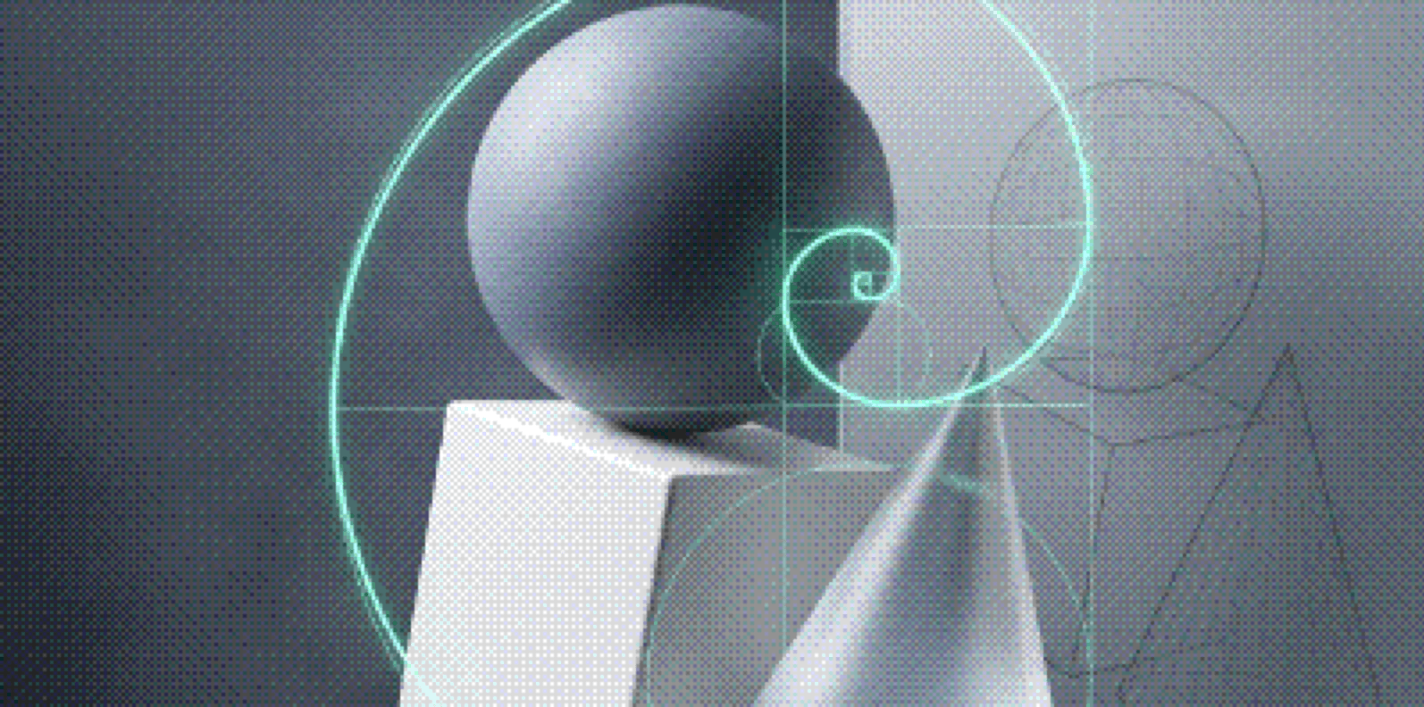 A sphere, cube and cone against a spiral curve