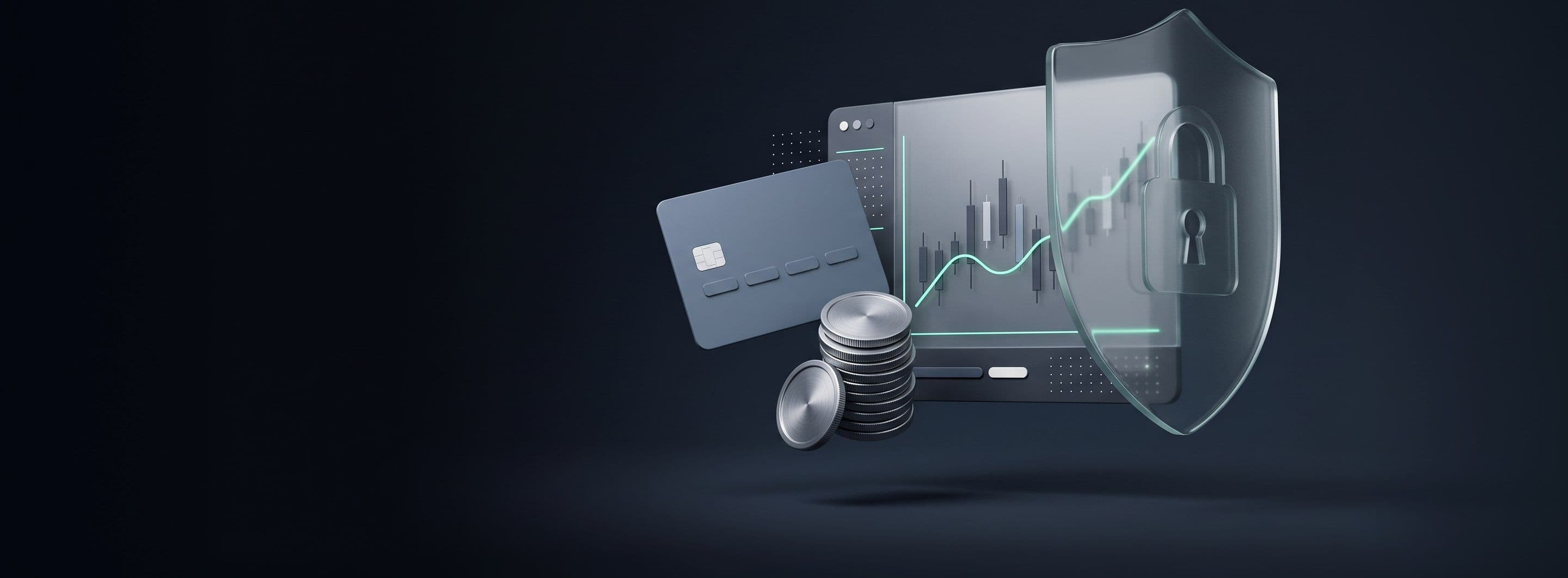 A bank card, a stack of coins and a rising chart behind a glass shield