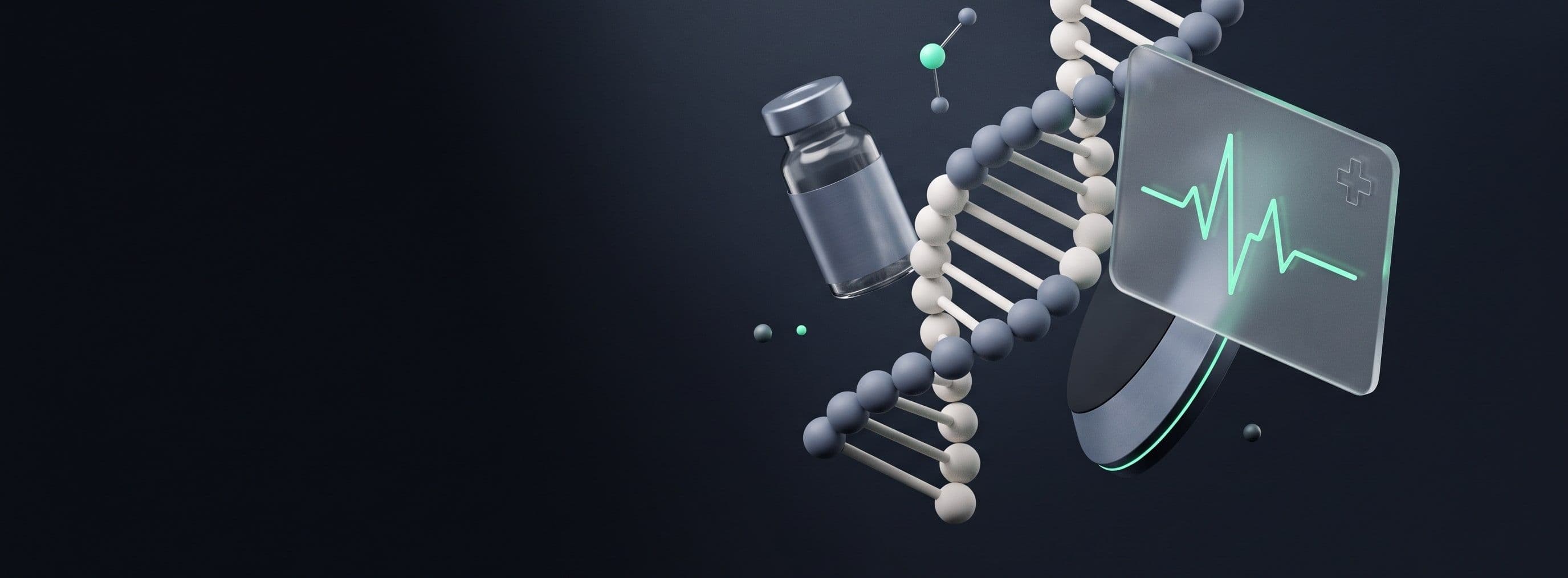 A DNA helix and a medical vial before a glass panel showing a heartbeat line