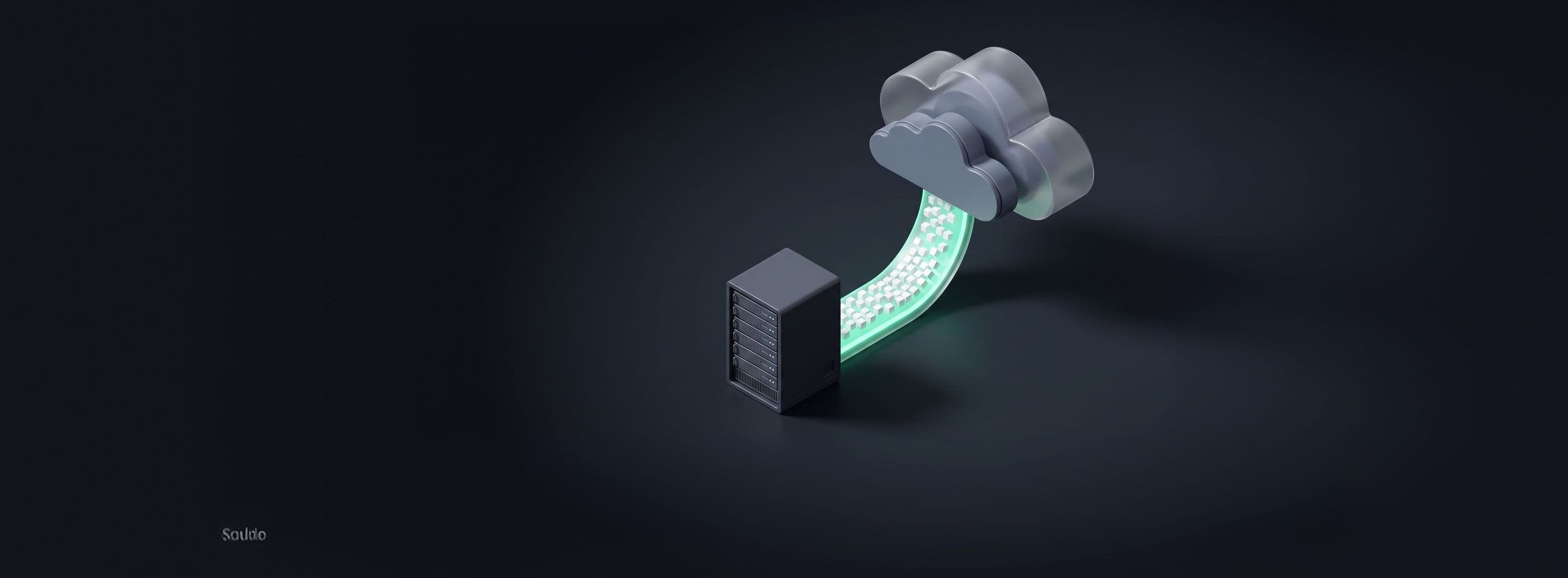 A server rack sending a glowing stream of data up into a cloud