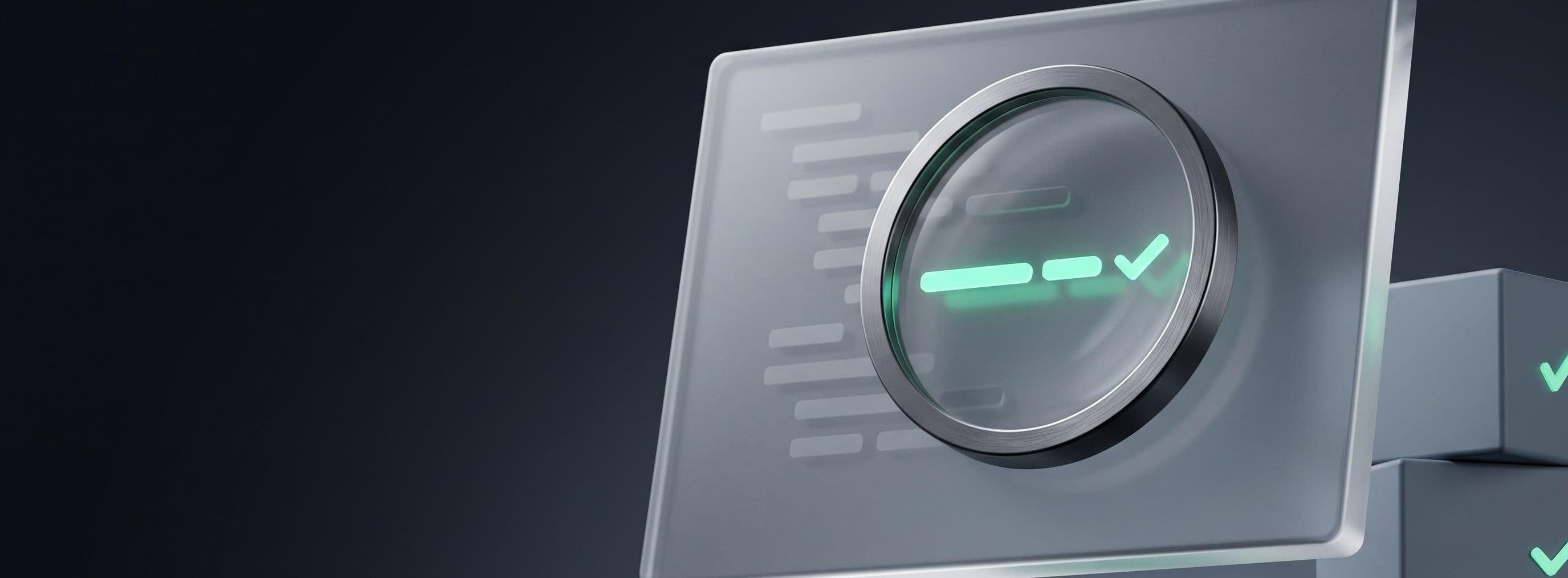 A magnifying glass with a teal check mark over a panel of code