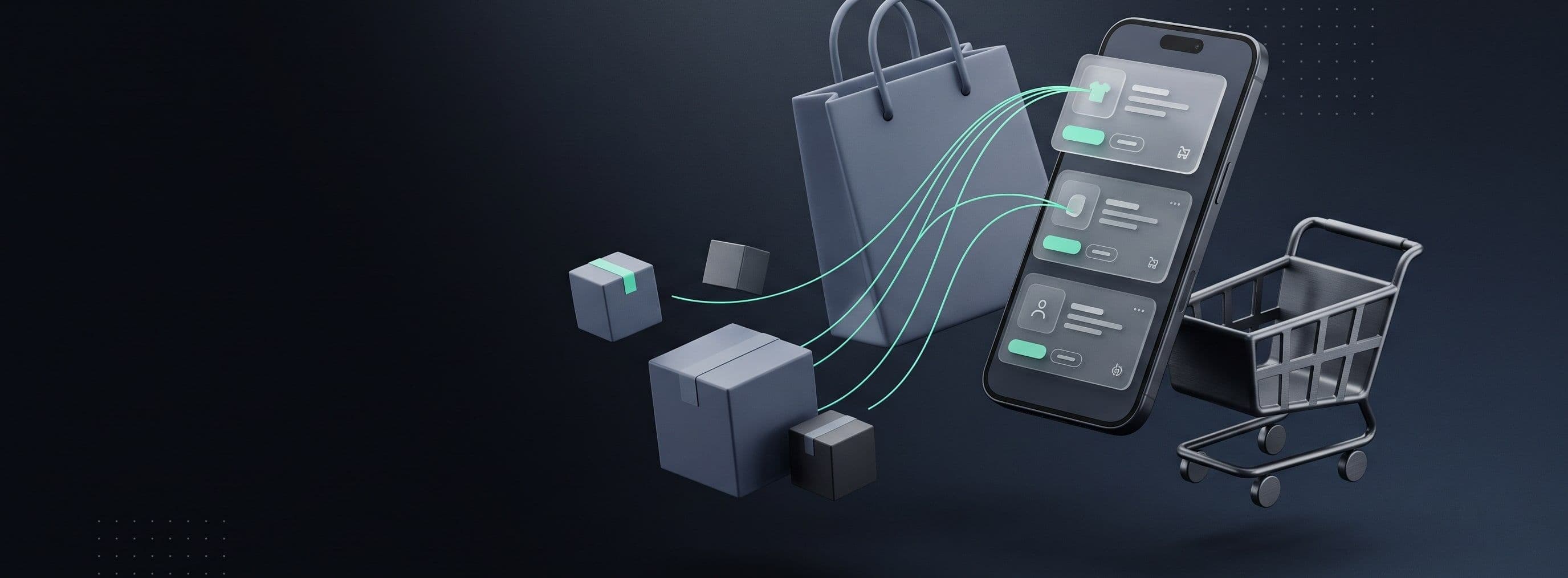 A shopping bag, a smartphone of product cards, parcels and a shopping cart