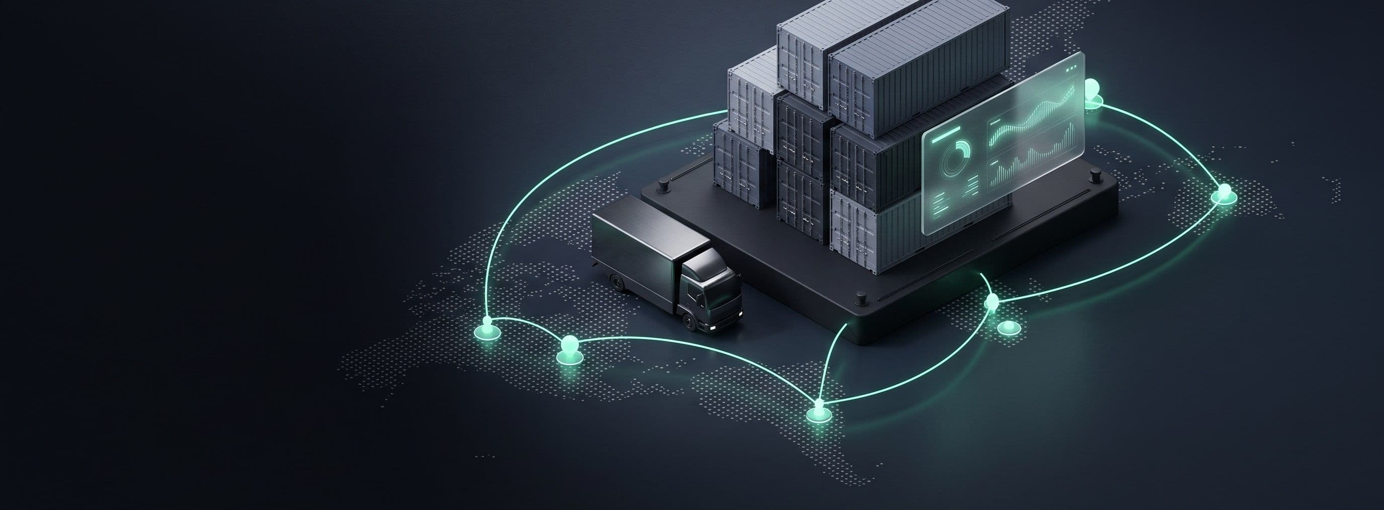 Trucks and stacked containers on a hub, linked by lit tracking routes
