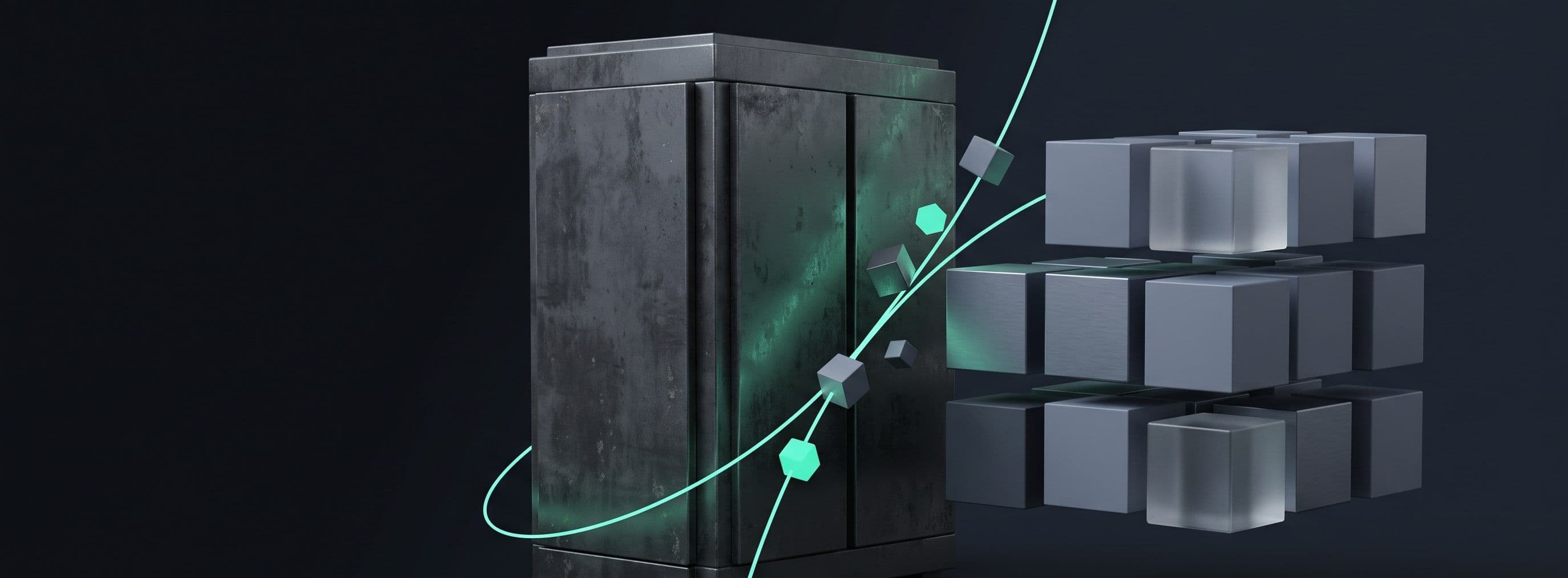 An old server cabinet linked by a teal line to clean glass cubes