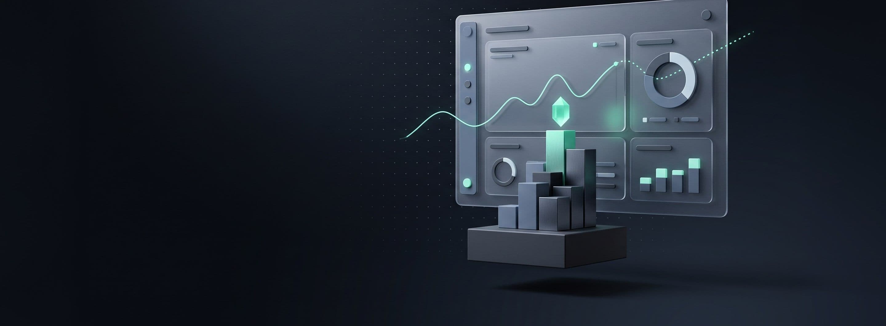 A glass revenue dashboard with line and bar charts