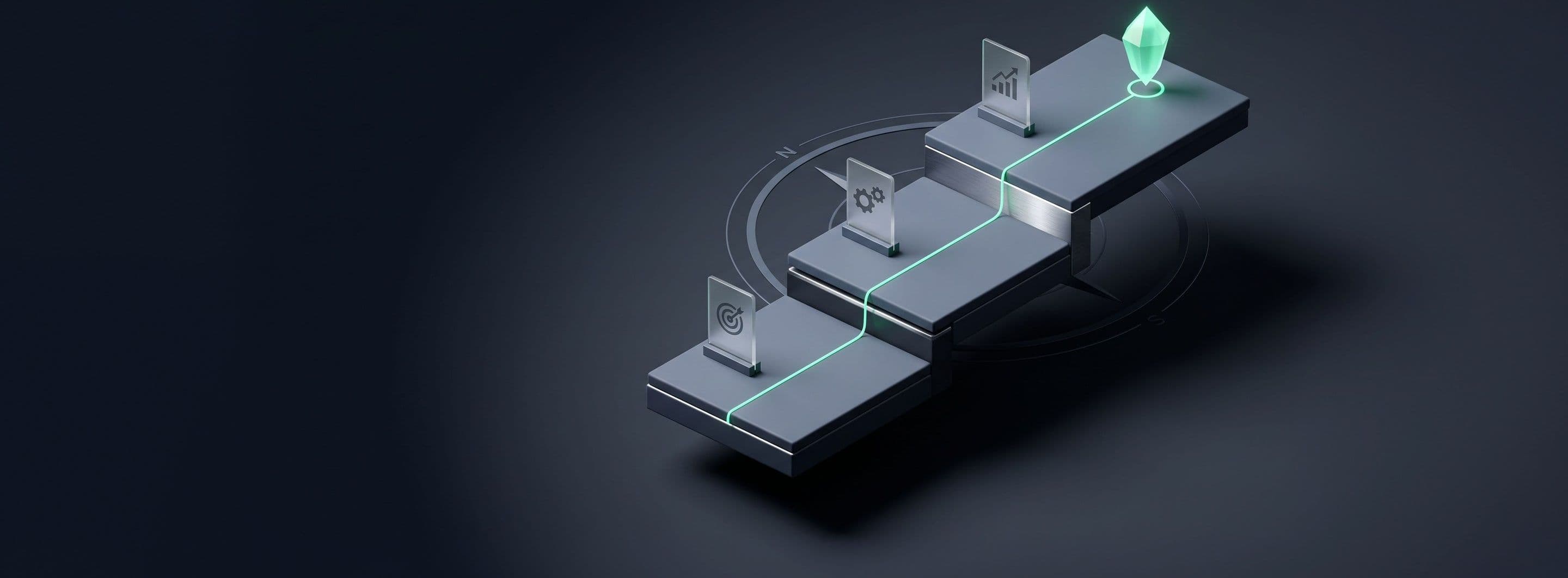 Glass steps rising across a dark platform to a glowing teal marker