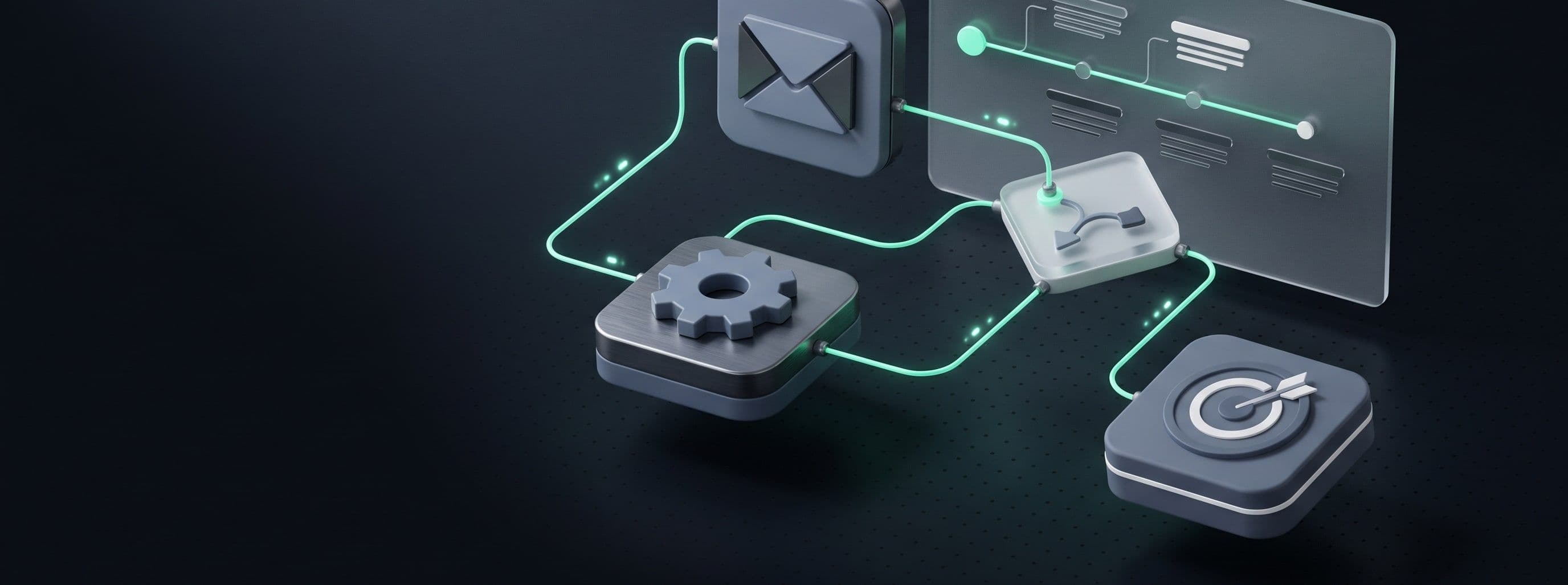 Glass workflow nodes for email, settings and targeting linked by teal lines