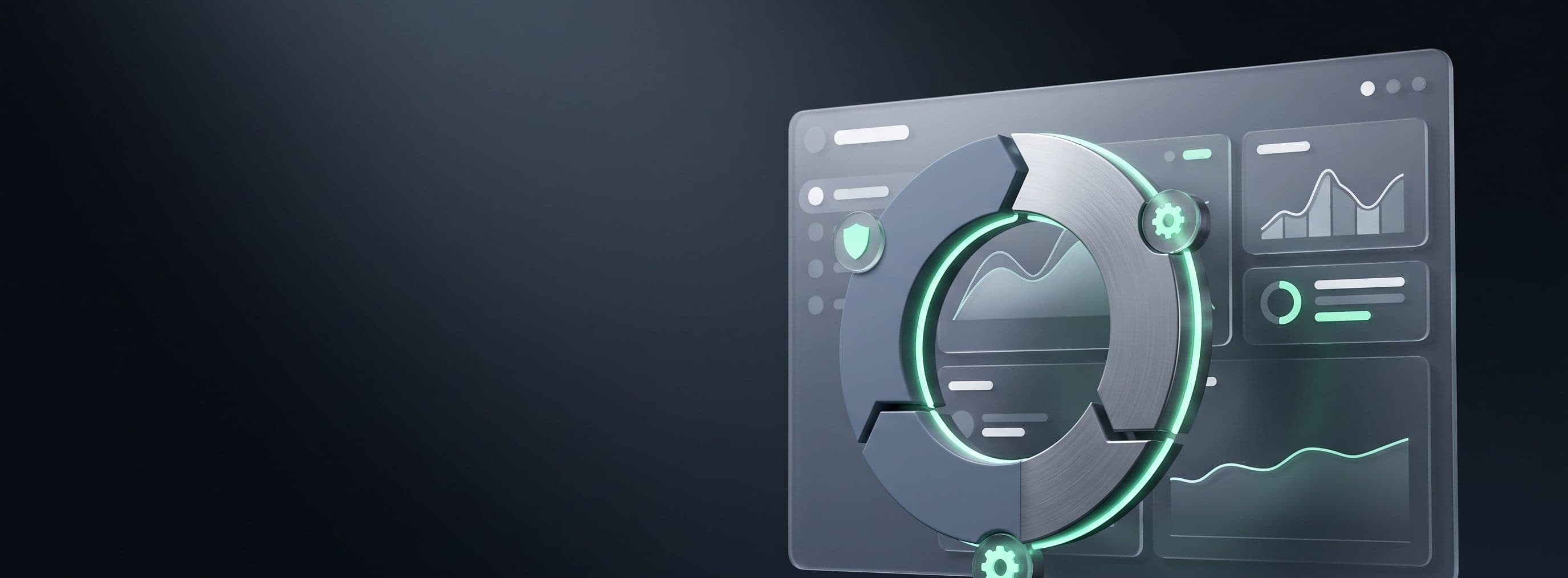A glass operations dashboard with a circular status ring and live charts