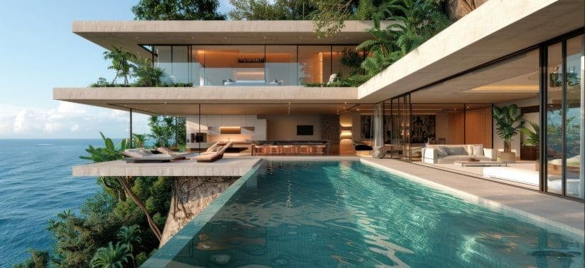 A modern clifftop villa with an infinity pool overlooking the sea