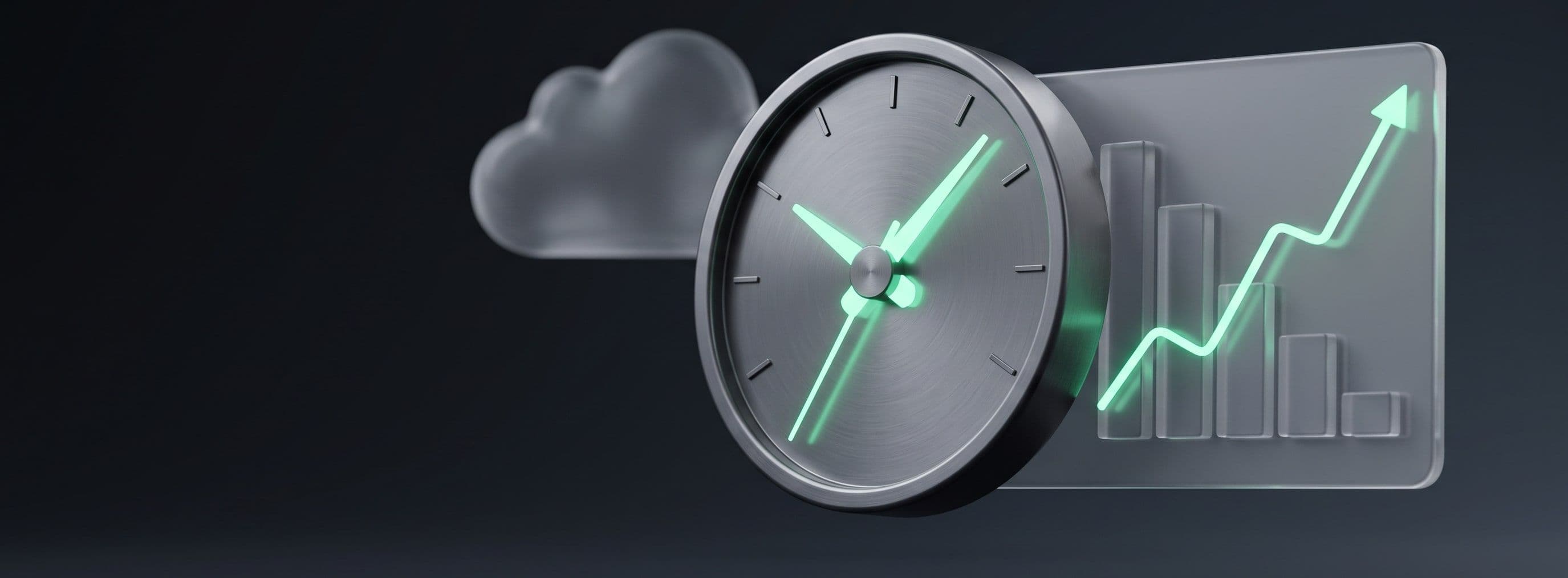 A cloud, a gauge and a rising chart rendered in glass